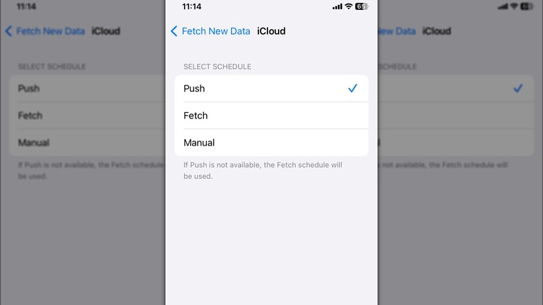 A screenshot of the iPhone's Fetch New Data options