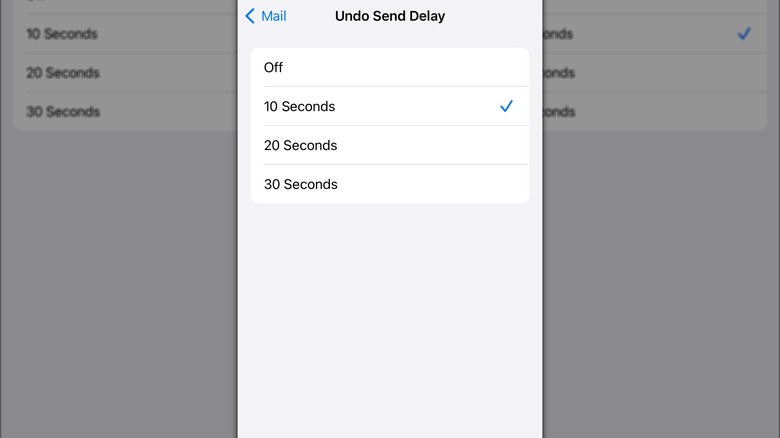 A screenshot of the iPhone's Undo Send Delay options