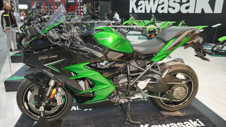 Green Kawasaki Ninja H2 on display