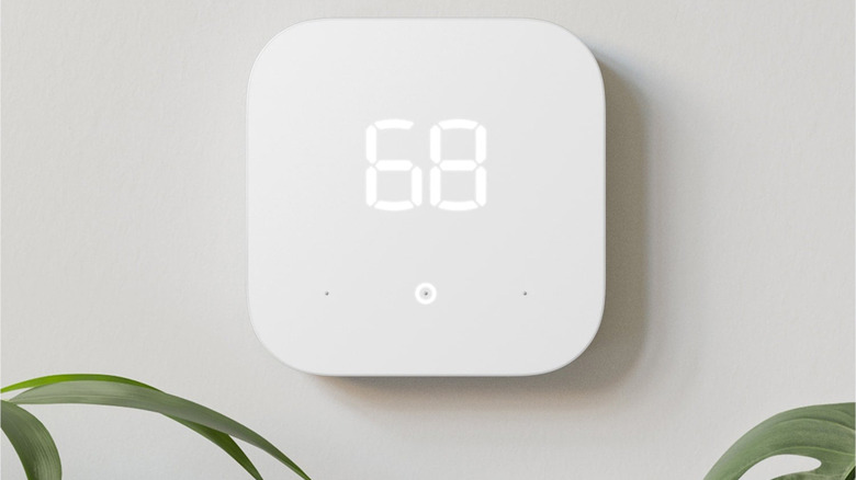 An Amazon Smart Thermostat on a wall near plants