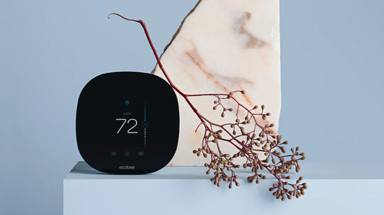 An Ecobee 3 Lite on a blue table with a plant