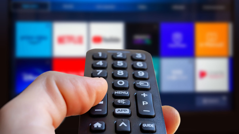 Person holding a remote with a smart TV in the background