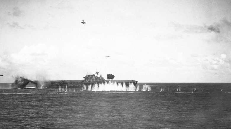 The bombing of the USS Hornet (CV8) as seen from the USS Pensacola.