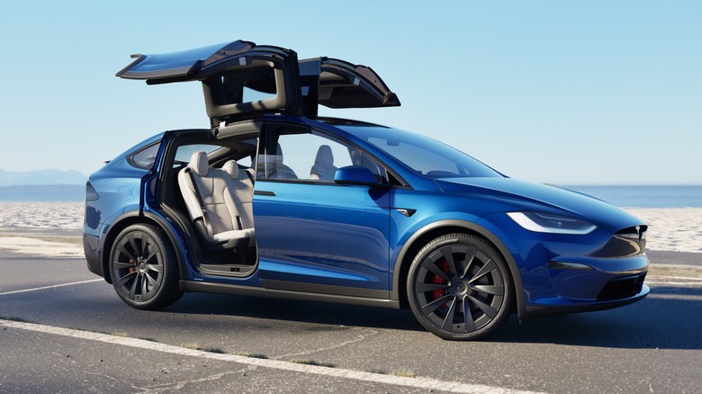 Blue Tesla Model X parked on beach with doors open