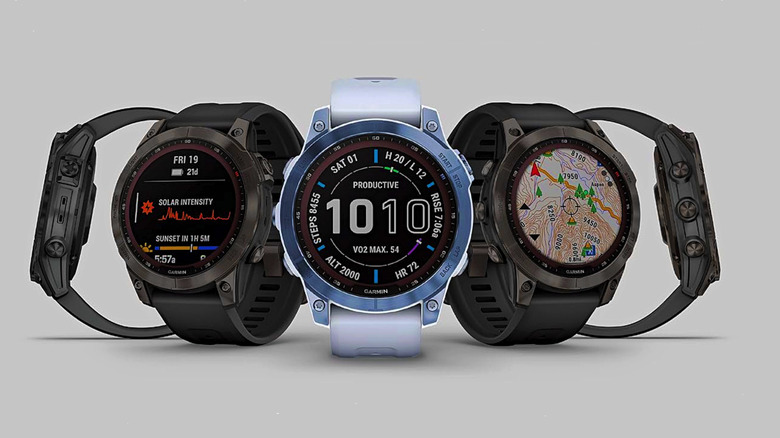 Some watches in the Garmin Fenix 7 series.