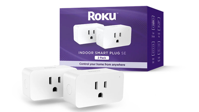 Purple box containing artwork of two white plugs