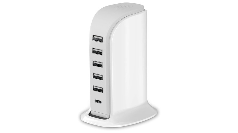 White tower with multiple USB ports on one side