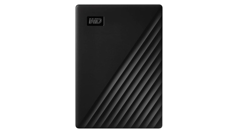 Black rectangular hard drive with WD logo