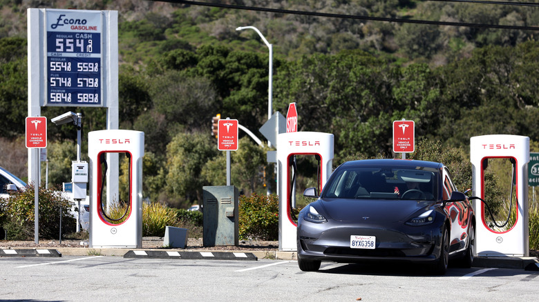 Tesla charging at a Supercharger station