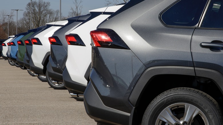 Line of Toyota RAV4 cars