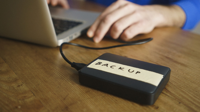 An external hard drive on a table