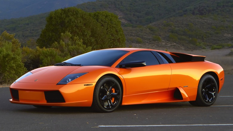 The original Lamborghini Murcielago in orange, front 3/4 view