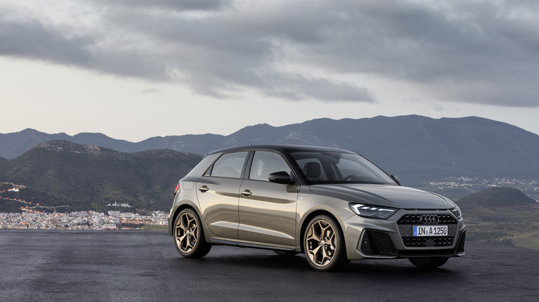 The Audi A1 in gray, front 3/4 view