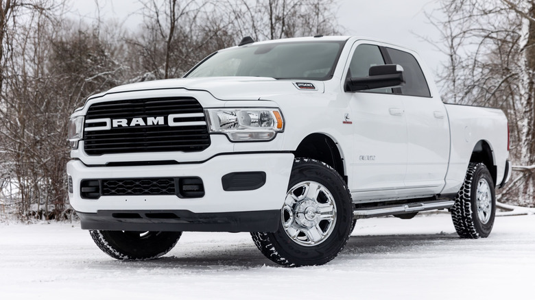 White truck parked in the snow