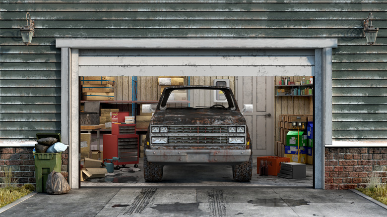 Truck inside garage during winter