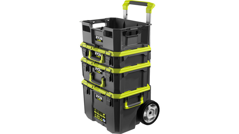 A stock photo of four Ryobi toolboxes on top of each other