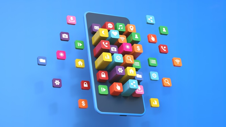 Digital render of app icons surrounding a smartphone