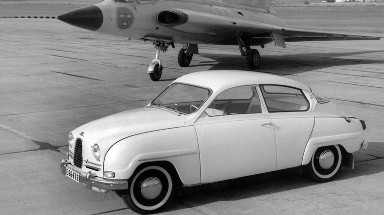 1960 Saab 96 and Saab 35 Draken Jet Fighter.