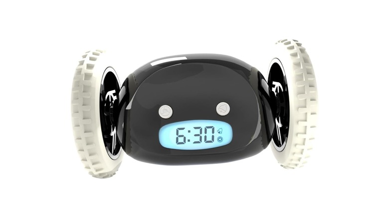 Robot-looking alarm clock on two wheels