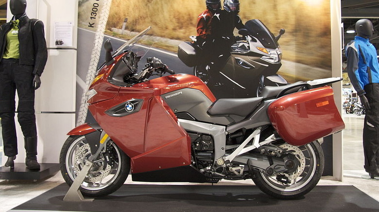 Red BMW K 1300 GT in a showroom