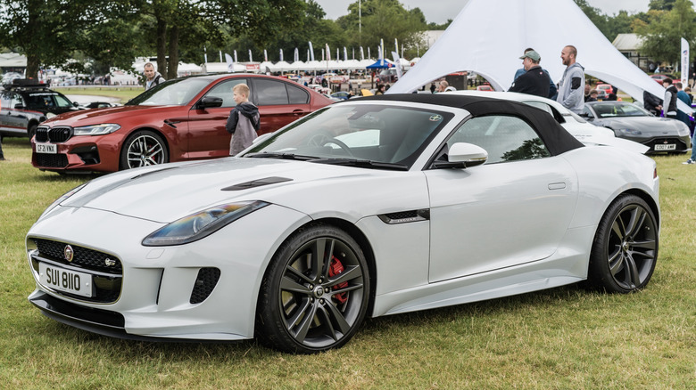 A white Jaguar F-Type convertible at an open car show, front 3/4 view