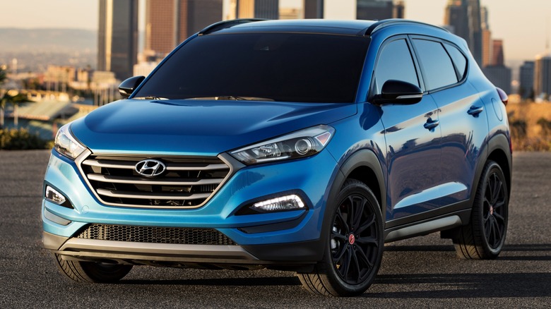 Blue 2017 Hyundai Tucson Night Edition parked