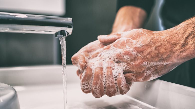 Person washing hands with soap