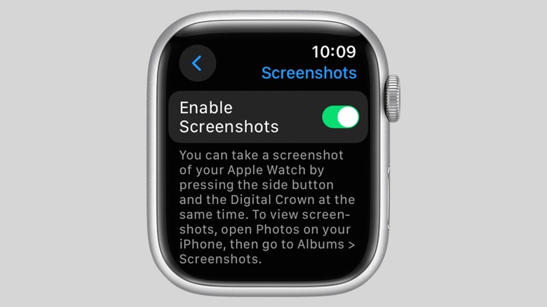 Enable screenshots toggle on Apple Watch