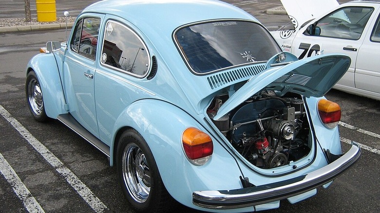 Blue 1973 Super Beetle with engine compartment open