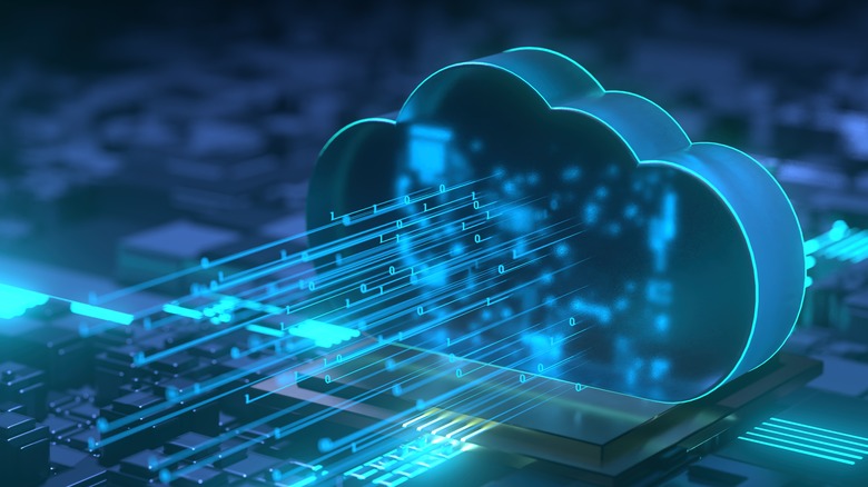 Visual representation of a storage cloud with binary code running through it