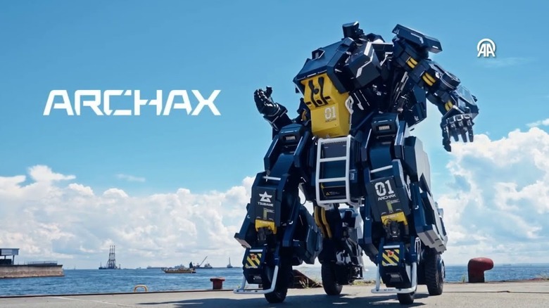 The ARCHAX mech Japanese robot with clouds in background