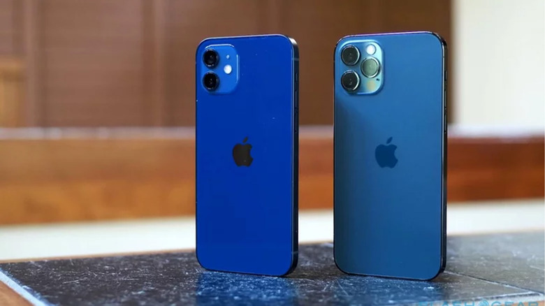 An iPhone 12 and 12 Pro sitting next to each other