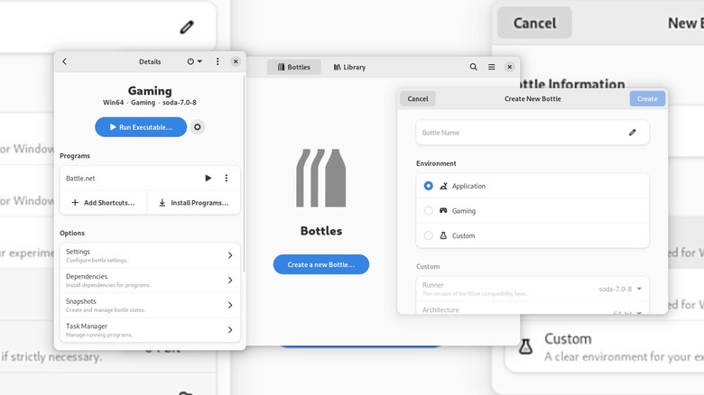 The Bottles user interface for running Windows software