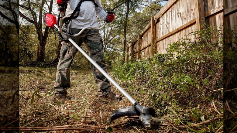 gardener using brush cutter