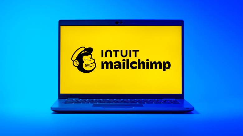 Image of Mailchimp logo on yellow background displayed on a laptop