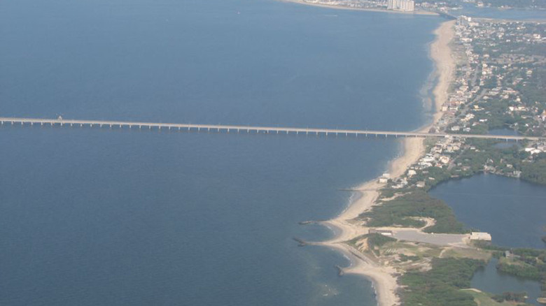 An aerial view of the CBBT bridge from the Virginia side