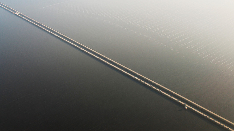 An aerial view of the Lake Pontchartrain Causeway Bridge