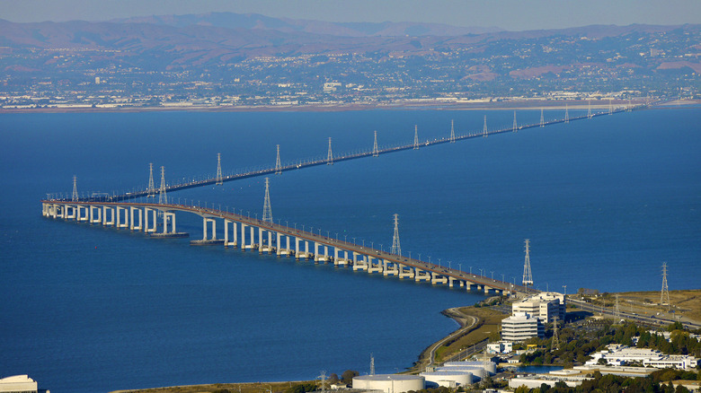 The San Mataeo-Hayward Bridge from an aerial view