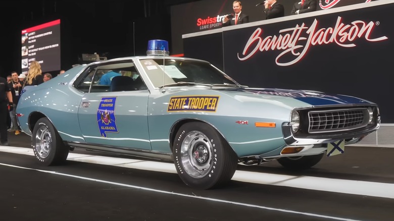 An AMC Javelin 401 Alabama State Police car at a Barrett Jackson auction.