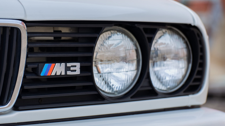 VIntage BMW M3 badge closeup