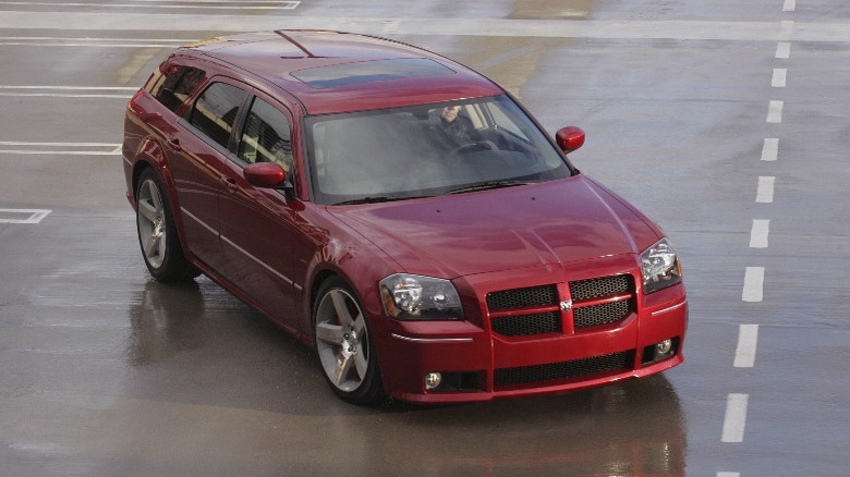 a Red dodge station wagon