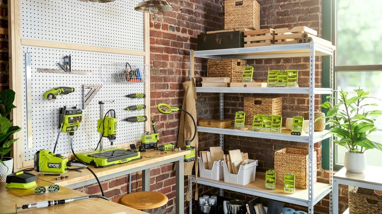 Crafting workshop space filled with Ryobi rotary tools and gear