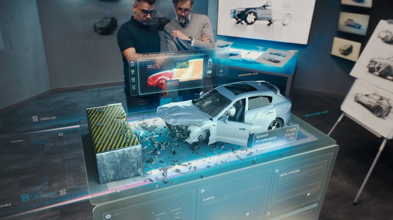 A stylized graphic showing two scientists looking at a crash test