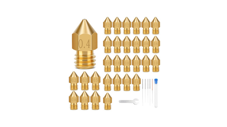 A set of extra nozzles for a 3D printer of different sizes