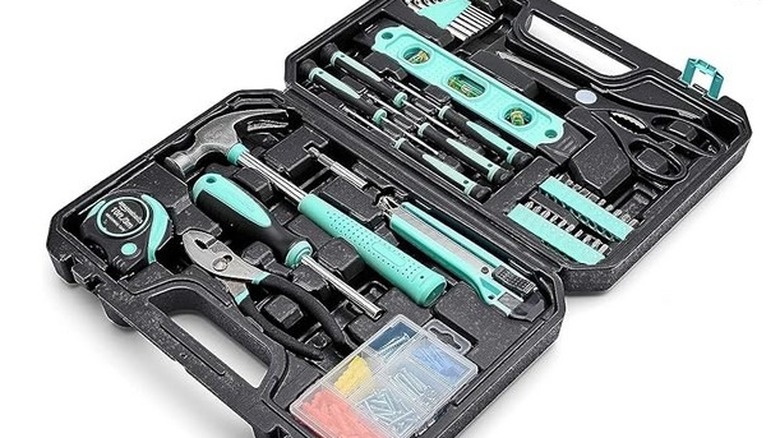 An opened Amazon Basics Household Tool Kit