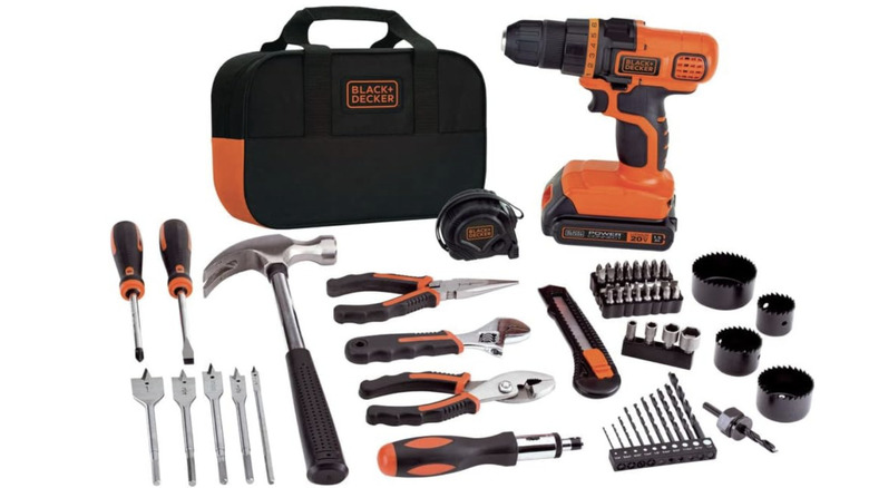 BLACK+DECKER 20V Max Drill & Home Tool Set with tools beside it