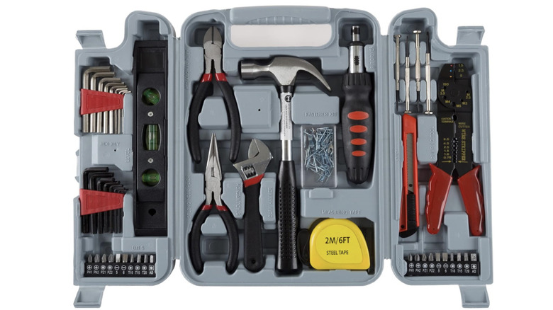 An opened Stalwart 130-PIECE HOME TOOL KIT