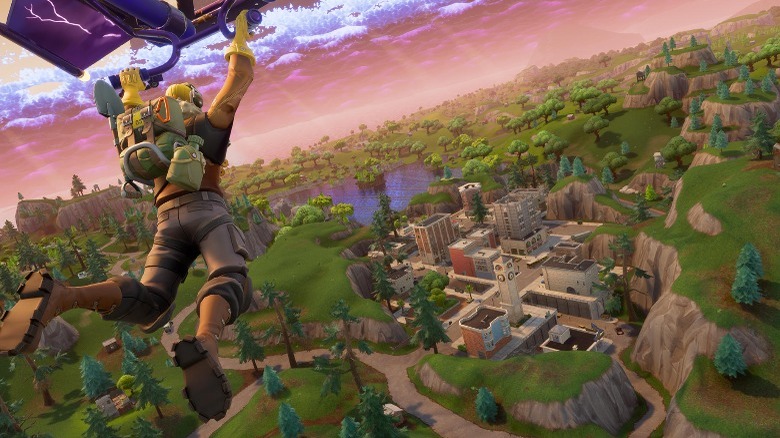 Player gliding over the Fortnite map