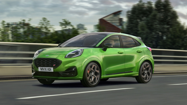 Green Ford Puma ST on road