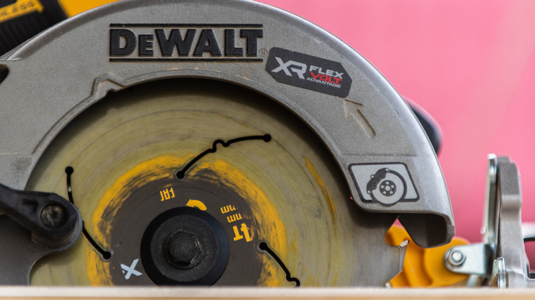 closeup of a DeWalt circular saw